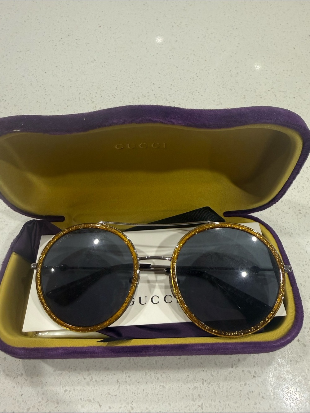 Gucci Round Sunglasses Gold Glitter Frames with Black Lenses